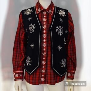 3/$30 KAREN SCOTT Christmas Holiday Plaid Snowflake Embroidered Felt Vest Shirt